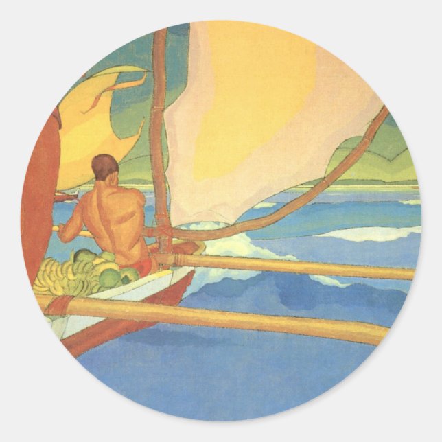 Men in an Outrigger Canoe Headed for Shore Classic Round Sticker (Front)