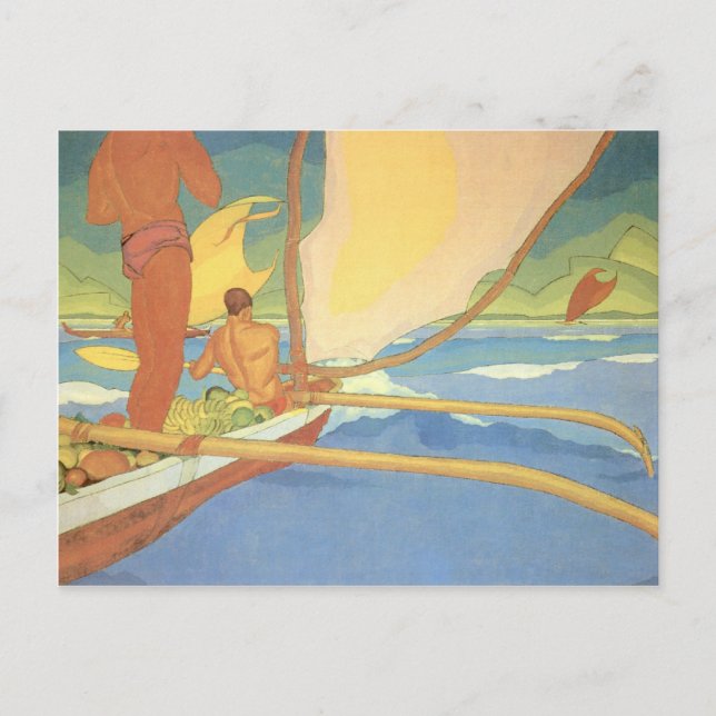 'Men in an Outrigger Canoe Headed for Shore' Postcard (Front)