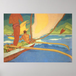 MEN IN AN OUTRIGGER CANOE HEADED FOR SHORE POSTER