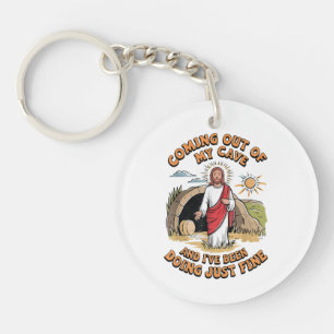 Men Jesus Coming Out of My Cave Key Ring
