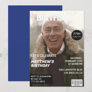 Men Magazine Navy blue Photo 77th birthday Invitation
