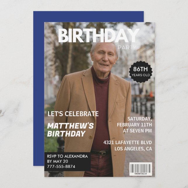 Men Magazine Navy blue Photo 86th birthday  Invitation (Front/Back)