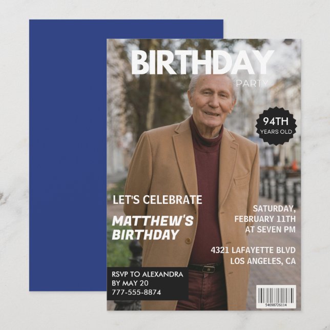 Men Magazine Navy blue Photo 94th birthday  Invitation (Front/Back)