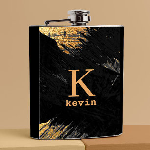 Men monogram modern black gold personalised hip flask