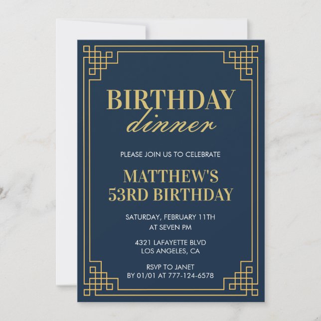 Men Navy blue Birthday dinner 53rd birthday  Invitation (Front)