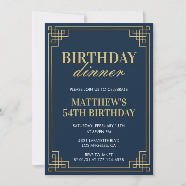 Men Navy blue Birthday dinner 54th birthday  Invitation (Front)