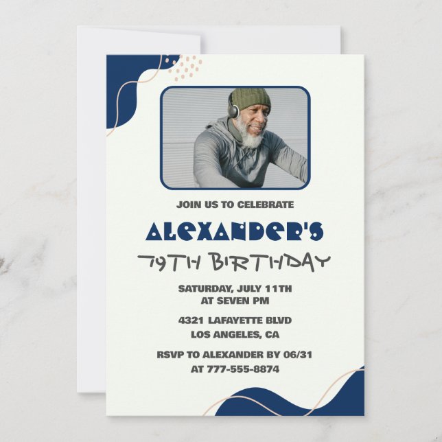 Men Navy White 79th birthday invitations  (Front)