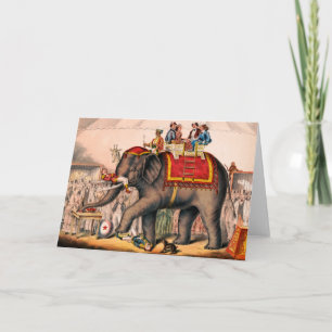 Men Performing A Circus Act With An Elephant. Card