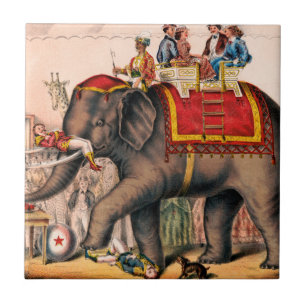 Men Performing A Circus Act With An Elephant. Ceramic Tile