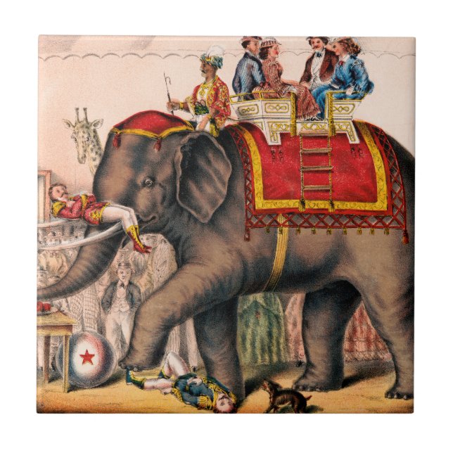 Men Performing A Circus Act With An Elephant. Ceramic Tile (Front)