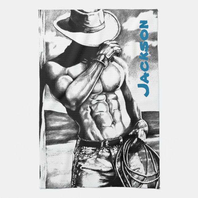 Men Personalised Name Fine Art Cool Cowboy Tea Towel (Vertical)