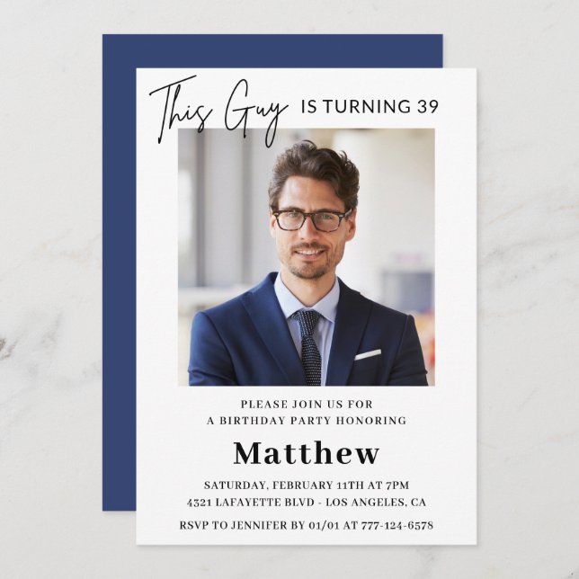Men Photo 39th birthday invitations Navy blue (Front/Back)