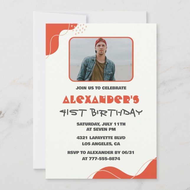 Men Photo 41st birthday invitations Modern Red (Front)