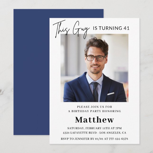Men Photo 41st birthday invitations Navy blue (Front/Back)