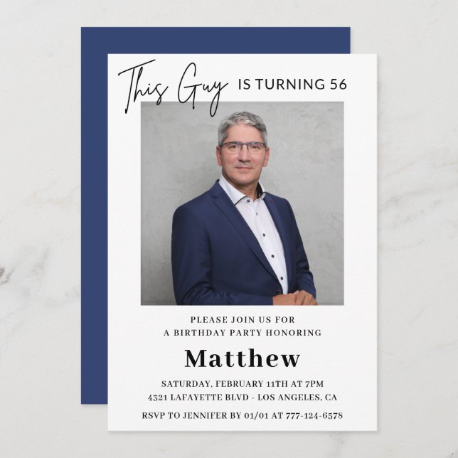 Men Photo 56th birthday invitations Navy blue (Front/Back)