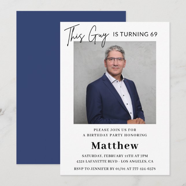 Men Photo 69th birthday invitations Navy blue (Front/Back)