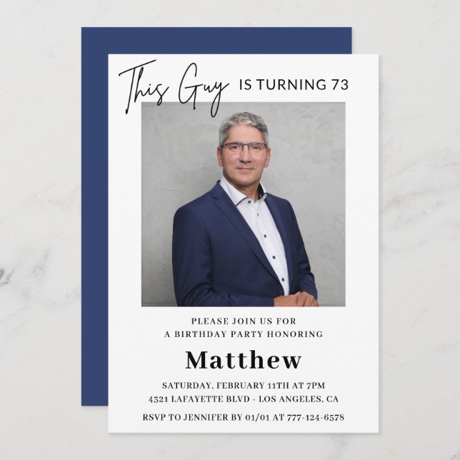 Men Photo 73rd birthday invitations Navy blue (Front/Back)