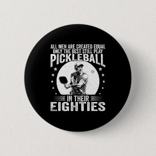 Men play pickle ball in eighties funny pickleball 6 cm round badge