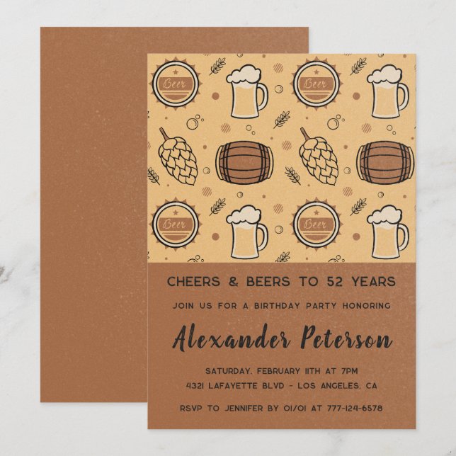 Men Rustic Beer 52nd birthday invitations  (Front/Back)