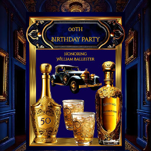 Men’s Birthday Party Gold Blue Vintage Car Drinks Invitation