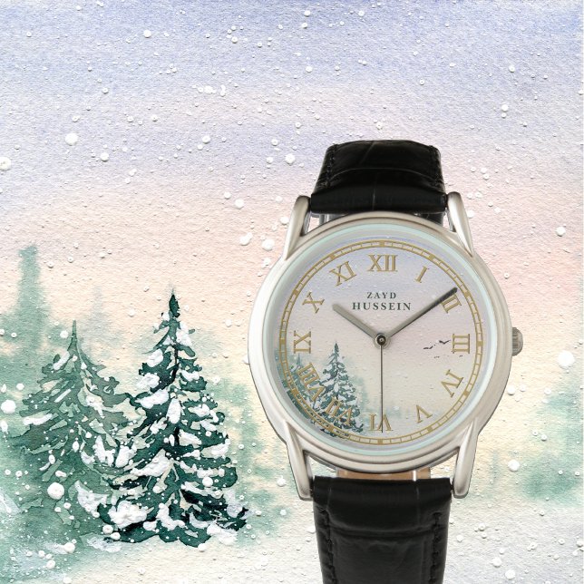 Men’s Custom Name Leather Watch – Snowy Forest (Creator Uploaded)