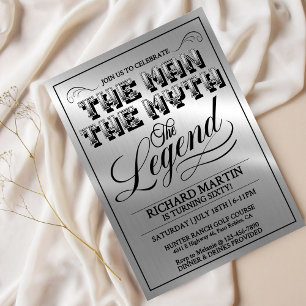 Men’s Milestone Birthday Party, Silver Metal Look, Invitation