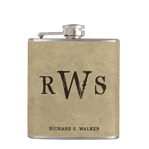 Men"s Western Monogram Faux Leather Buckskin Hip Flask