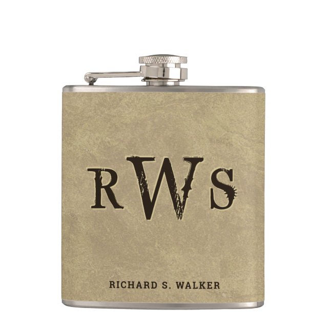 Men"s Western Monogram Faux Leather Buckskin Hip Flask (Front)