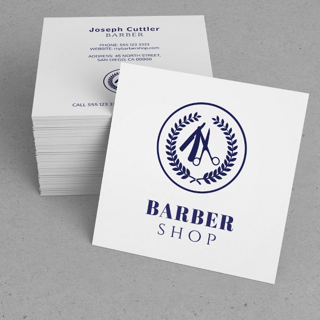 Men salon custom logo simple modern navy white square business card (Creator Uploaded)