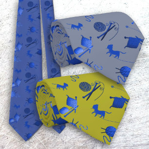 Men Who Knit Tie Yarn Needles Cats Pattern