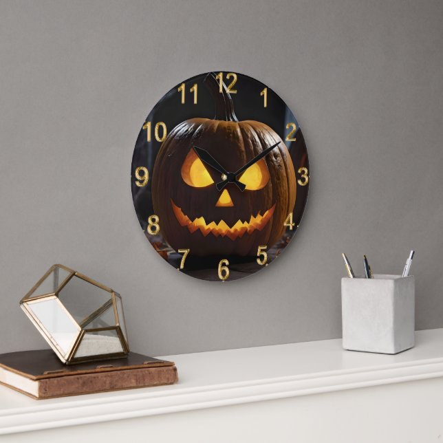 Menacing Halloween Pumpkin, Large Clock (Office)