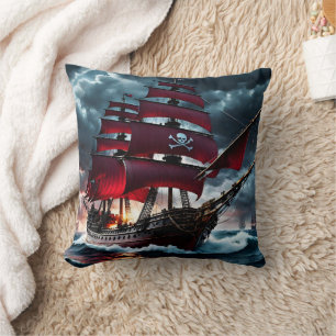Menacing Pirate Ship Sailing Through Stormy Seas Cushion