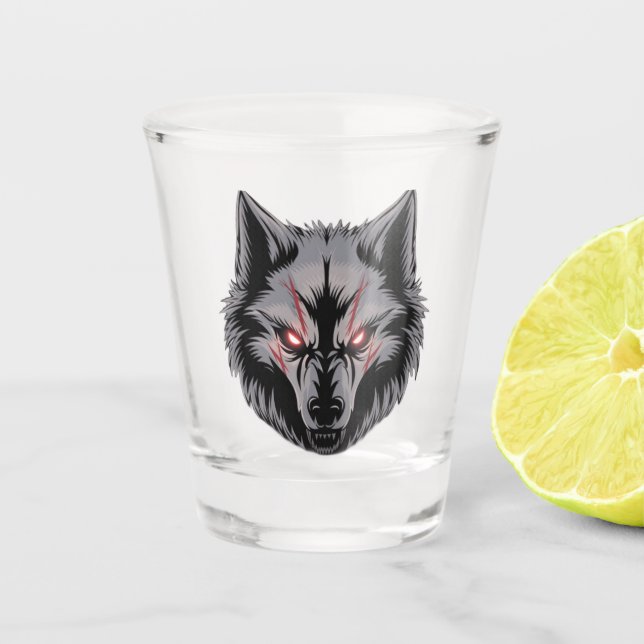 Menacing Wolf with Glowing Red Eyes Shot Glass (Front)