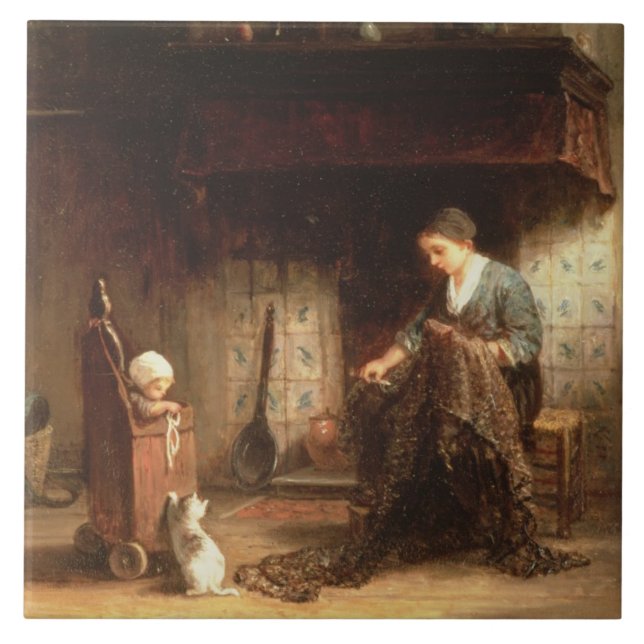 Mending the Nets (oil on panel) Tile (Front)