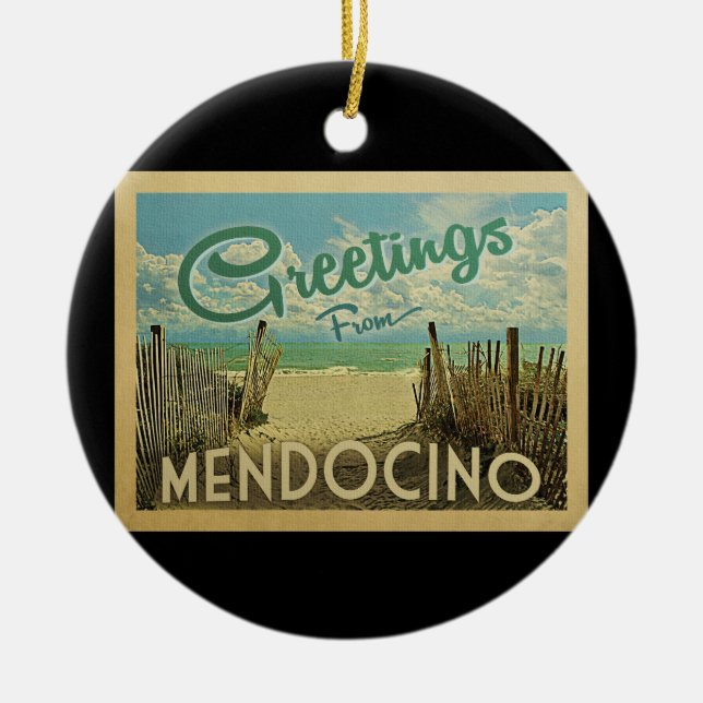 Mendocino Beach Vintage Travel Ceramic Ornament (Front)