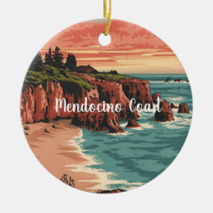 Mendocino Coast, California Retro Watercolor Ceramic Ornament