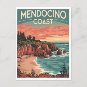 Mendocino Coast, California Retro Watercolor Postcard