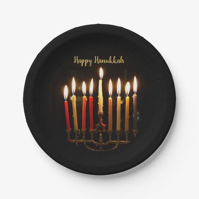 Menorah and Candles Hanukkah Lights Paper Plate (Front)