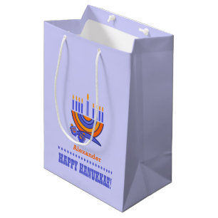 Menorah and Dreidels   Custom Name Hanukkah  Medium Gift Bag