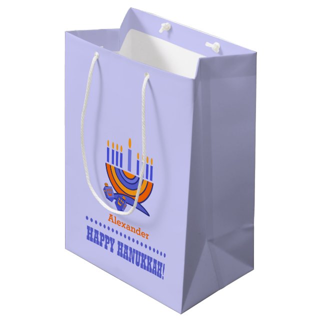 Menorah and Dreidels | Custom Name Hanukkah  Medium Gift Bag (Front Angled)