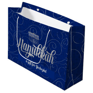 Menorah and Star of David with Blue Swirls Large Gift Bag