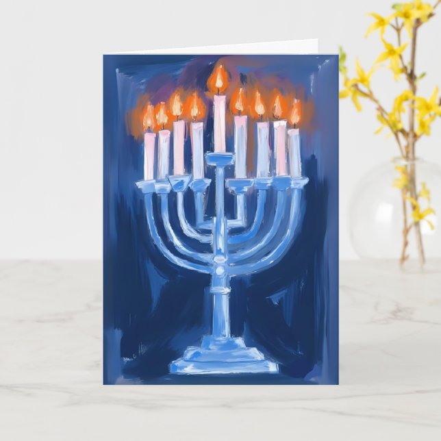 Menorah Blue Hanukkah Card (Yellow Flower)
