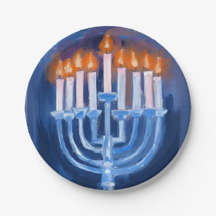 Menorah Blue Hanukkah Watercolor Holiday Paper Plate