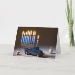 Menorah Blue Truck Chanukah Card<br><div class="desc">Send Chanukah greetings with a Menorah on a blue truck with dreidels.</div>