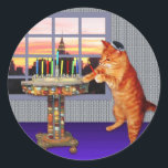 Menorah Cat Classic Round Sticker<br><div class="desc">So the cat is a redhead he’s an Ashkenazi!  And it's sundown so he's put on his kippah,  he's lighting the candles and saying the prayers,  and remembering that A Great Miracle Happened There.</div>