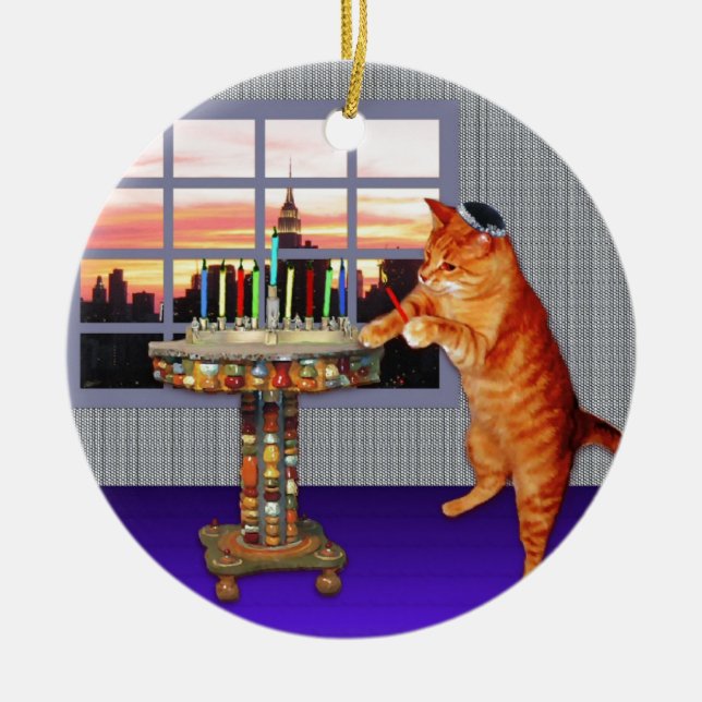 menorah cat.jpg ceramic ornament (Front)
