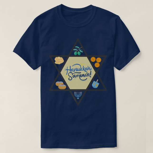 Menorah Dreydl Latke Doughnut Jewish Hanukkah Star T-Shirt (Design Front)