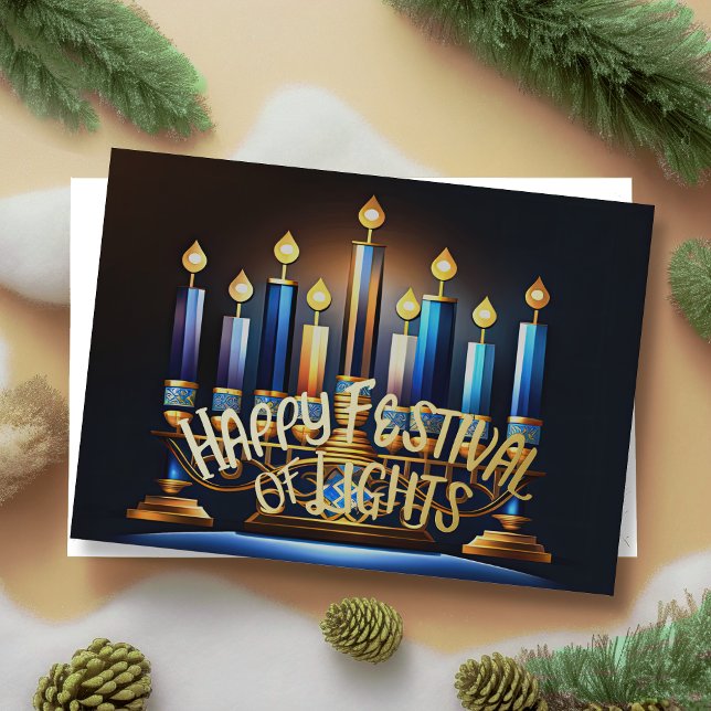 Menorah Festival of Lights Blue Abstract Drawing  Foil Holiday Card (Creator Uploaded)