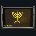 Menorah Flame Serving Tray<br><div class="desc">A brown and gold digital rendering of the Jewish seven-branched menorah (Hebrew: מְנוֹרָה‎). Customise by adding your own text. The seven-branched menorah, used in the portable sanctuary set up by Moses in the wilderness and later in the Temple in Jerusalem, has been a symbol of Judaism since ancient times and...</div>