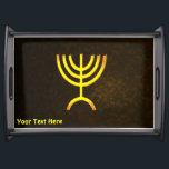 Menorah Flame Serving Tray<br><div class="desc">A brown and gold digital rendering of the Jewish seven-branched menorah (Hebrew: מְנוֹרָה). Customise by adding your own text. The seven-branched menorah, used in the portable sanctuary set up by Moses in the wilderness and later in the Temple in Jerusalem, has been a symbol of Judaism since ancient times and...</div>